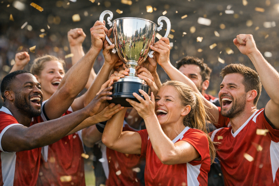 KI-generiertes Bild eines gemischten Teams, das einen Pokal gewinnt